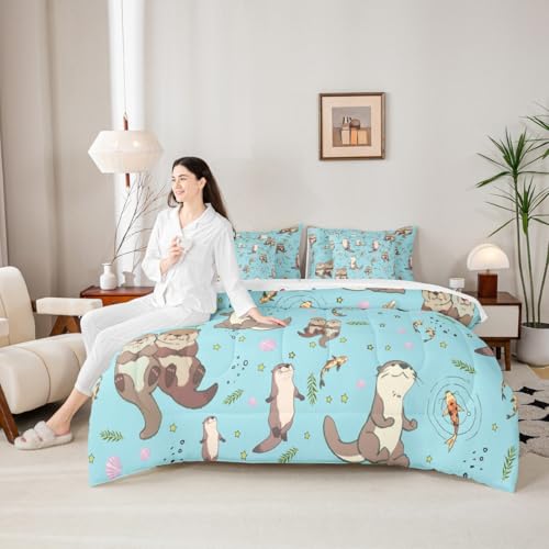 Erosebridal Cartoon Comforter Set with Sheets Full Size Sea Otters 7-Piece Bedding Set for Kids Boys Girls Leaf Lap Otter Kawaii Cute Starry Rustic Beige Blue Lightweight Bed in A Bag - color: Beige Blue, size: Full
