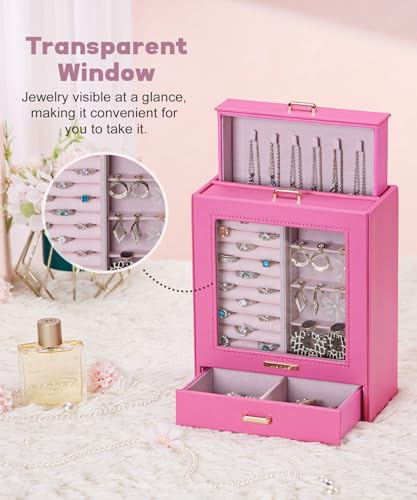 Homde Mothers Day Gifts Jewelry Organizer Girls Women Jewelry Box for Necklaces Rings Earrings Gift Bracelets Storage Case(Pink + Gold) - color: Pink + Gold