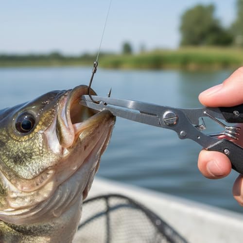 Stainless Steel Fishing Pliers Fishing Hook Remover Needle Nose Pliers Line Cutter Plier with Lanyard Multi-Function Braid Cutter Lockable Handy Fish Tool with Storage Bag For Men Saltwater Freshwater