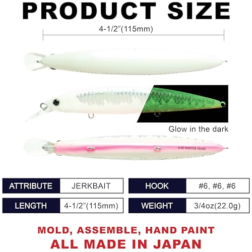 LUCKY CRAFT Surf Pointer 115MR Saltwater Fishing Lures for Halibut and Stripped Bass, Long Casting Jerkbait, Sinking Surf Fishing Gear, Fish Accessories for Tackle Box - color: 713 Super Glow MS Cherry Berry, size: One Size