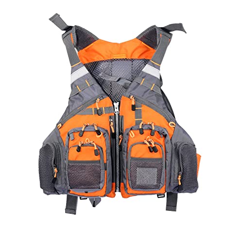 JKSPORTS Fly Fishing Vest - Fishing Safety Life Jacket for Swimming, Sailing, Boating, Kayak - Floating Multifunction Breathable Backpack for Men and Women - Adjustable, Grey/Green/Red/Blue - color: Orange, size: with foam