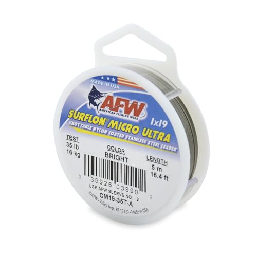 American Fishing Wire Surflon Micro Ultra Nylon Coated 1x19 Stainless Steel Leader Wire - Knottable Fishing Leaders Saltwater & Fly Fishing, 6lb Test - 61lb Test, Bright, Black & Camo Colors - color: Bright, style: 5 Meter, 35 Pound Test