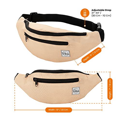 Vibe Festival Gear Rave Fanny Pack for Women Men – Festival, 4 Pockets, Adjustable Strap, Cute Waist Bag, Crossbody Belt Bag, Hiking, Running, Cycling - color: Beige, size: Fits Most