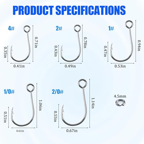 Fishing Inline Single Hooks kit Replacement Fishing Hooks for Lures Plugs Baits Inline Circle Hooks Baits Inline Circle Hooks with Barbed Large Eye Saltwater Freshwater - style: 50pcs+20 Rings