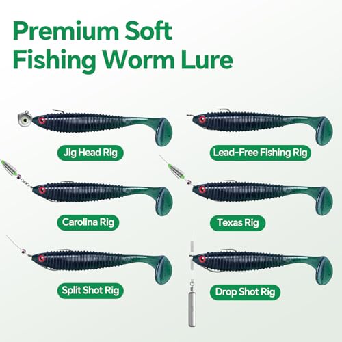 Clearance Bionics-Designed Durable Soft Plastic Fishing Lures Kit with Bonus Accessories, 3/4/5/6 Inch, 9-Type Lifelike Swimbaits in One Gear Set Included Tackle Box for Bass - color: Dark Green