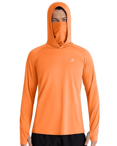 Roadbox Men's UPF 50+ Hooded Fishing Shirts Long Sleeve Sun Protection Hoodie, Hiking Running Swimming Rash Guard with Mask - color: Orange, size: Small