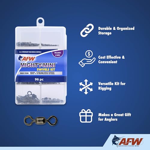 American Fishing Wire Fishing Swivels - Mighty Mini 100% Stainless Steel Snap Crane Swivels, 3X Stronger Than Brass, For Terminal Tackle Box, Up to 600lb Test - Fishing Gear for Fishing Line Leaders - style: Mighty-Mini Stainless Steel Swivels Kit