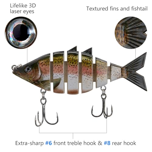 BASSDASH Bone Swimbait Multi Jointed Hard Fishing Lure for Bass Trout Bluegill Pike with Angled Cut Segments - color: Rainbow Trout