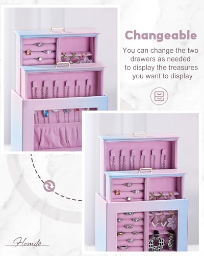 Homde Jewelry Organizer Girls Women Jewelry Box for Necklaces Rings Earrings Gift Bracelets Storage Case (Blue - Pink Gradient + Gold) - color: Blue - Pink Gradient + Gold