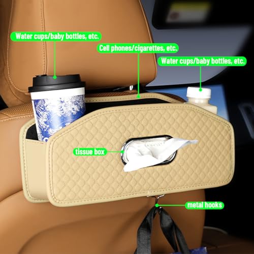 Car Seat Back Organizer, 4-in-1 Backseat Headrest Storage Box with 2 Cup Holder Hooks Tissue Box, Multifunctional Seat Back Storage Organizer for Hold Phones Drinks Bags, Universal Fit (Beige) - color: Beige