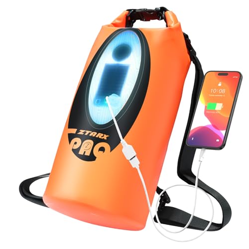 FELICON Waterproof Dry Bag Backpack with Bluetooth Speaker, 20L Roll Top Floating Sack, Solar & USB-C Powered Emergency Charger, RGB Light, Heavy Duty PVC for Kayaking Camping, Orange - color: Orange, size: 20L