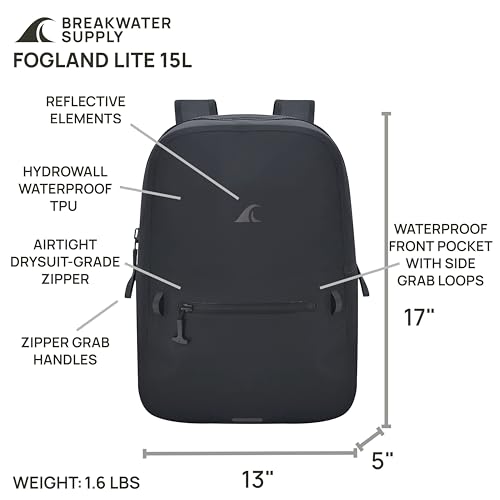 Breakwater Supply™ Fogland Lite Small Waterproof IP68 Submersible Backpack | Laptop Sleeve & Airtight Zippers for Outdoors, Surfing, Kayaking, Hiking, Cycling, Unisex TPU Dry Bag (Stealth Black, 15L) - color: Stealth Black, size: 15L