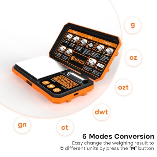 MAXUS Pocket Scale, 200g x 0.01g, with 50g Calibration Weight and USB Cable | Digital Gram Scale, 6 Units, Backlit LCD, Stainless Steel Platform, Rubber Edges, for Jewelry, Coins, Powders, Food or Gems - color: Orange
