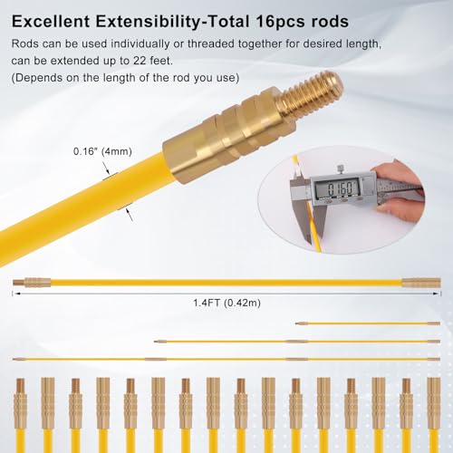 22FT Fiberglass Running Electrical Wire Cable Pulling Fish Tape kit in a Carrying Case Through Wall Cable Snake Rods Electrical Tools Kit with Different Attachments - size: 22FT-16 Rods