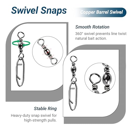 Atibin Saltwater Freshwater Snap Swivels Stainless Heavy Steel Fishing Clips Swivel Barrel Clip Fishing Snaps Rolling Speed Change Black Nickel - size: Size 9+S (44lb) 50 pcs