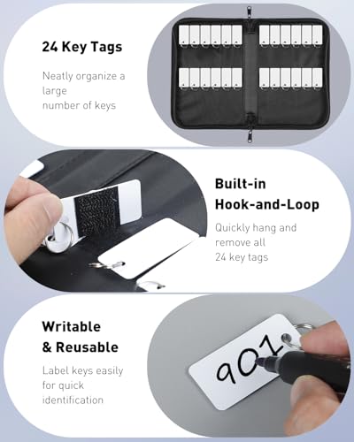 Uniclife Zippered Key Case, Waterproof and Fireproof Key Organizer with Combination Lock and 24 Key Tags, Portable Key Holder Bag for Landlords, Real Estate Sales, Hotels and Offices - color: Black(Lockable), size: 24 Keys