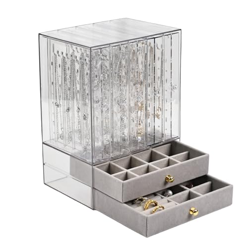 Greenfeather Jewelry Organizers and Storage, Clear Acrylic Jewelry Box with 40 Necklace Hooks 120 Pairs of Earring Holes 2 Velvet-Lined Drawers for Rings Necklaces Earrings - color: Gray-Style A