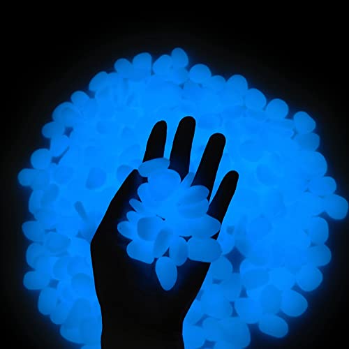GLOCARNIVAL Glow Pebbles, 300 pcs Blue Glowing Rocks for Outdoor Decor, Garden Lawn Yard, Aquarium, Walkway, Fish Tank, Pathway, Luminous Pebbles Powered by Light or Solar - color: Blue