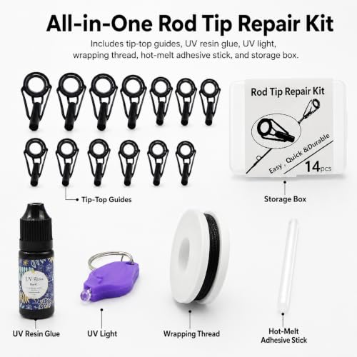 Fishing Rod Tip Repair Kit with UV Light & Glue | Complete Pole Tip Replacement Supplies for Broken Rods | 14 Sizes Top Eyelets, Wrapping Thread | Fishing Rod Repair Kit & Pole Repair Kit - color: 6+8+10#