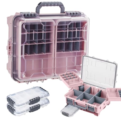 THKFISH Waterproof Tackle Box, Portable Fishing & Tackle Storage Box with Two 3500 Stowaway Boxes and Removable Dividers, Tackle Box, Thicker Floating Airtight Stowaway,Pink/Green/Blue/Grey - color: M-Pink