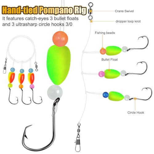 Pompano Rigs for Surf Fishing, 5/10 PCS Pre-Tied Saltwater Fishing Rigs with Triple 3/0 Circle Hooks, Pompano Floats Surf Fishing Tackle - size: 5-pcs