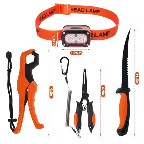RAWILL Fishing Kit, 4 Mode LED Headlamp Rechargeable, Filleting Knife, Fishing Pliers with Lanyards, Gripper, As A Gift For Angler