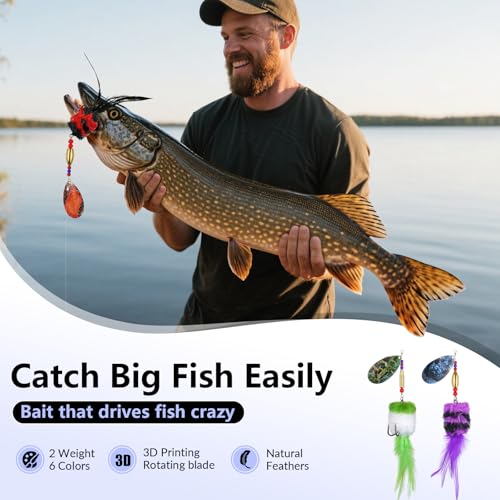 THKFISH Musky Pike Walleye Fishing Lure, Rooster Tail Fishing Lures with Hard Metal Brass Inline Spinner Baits with Tackle Box for Trout Bass Salmon Freshwater Saltwater Lures - color: Black&Blue, size: 1.3 oz---2pcs