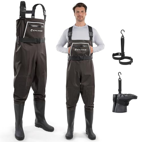 Calamus WaveWalker Fishing Waders for Men & Women, 100% Waterproof PVC Waders with Slip-Resistant Boots, Tear-Resistant Nylon - color: Brown, size: 13