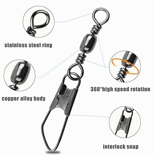 AGOOL Barrel Swivel Snap Kit - 50pcs Barrel Swivels with Safety Snaps High Strength Fishing Quick Connect Snap Swivels with Solid Ring Fishing Tackle Accessories Box Kit Size 4#,6#,8#,10#,12#,14# - color: 50pcs-black