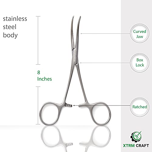 Precision Kelly Hemostat Forceps Locking Tweezers Clamp, Silver, Straight and Curved Stainless Steel (Curved, 8") - size: 8", style: Curved
