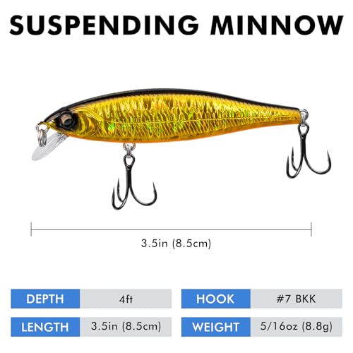 TRUSCEND Suspending Jerkbait, Rattle Minnow Lures with BKK Hooks, Freshwater Bass Trout Striper Walleye Pike Fishing Lures, Variety Pack for All Water Conditions, Premium Fishing Gear and Gifts - color: A-3.5",0.3oz