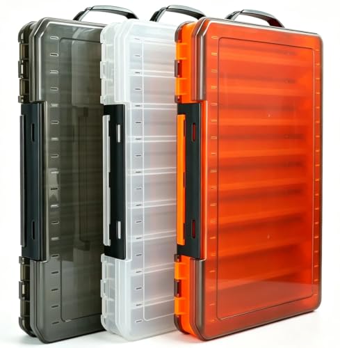 Fishing Lure Box Double-Sided: 3 Packs Large Saltwater Lure Storage Fishing Tackle Box for Crankbait Jerkbait Squid Jig Case Organizer - 18 Grids (Clear Orange Grey) - color: Clear Orange Grey