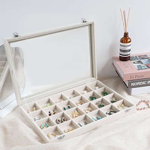 Wudygirl Jewelry Organizer Earring Holder Jewelry Tray with Lid Velvet Jewelry Box Jewelry Display Case Bracelet Earrings Ring Holder for Women Dresser (Beige 24 Grid Jewelry Tray) - color: Beige, size: 24 Grid