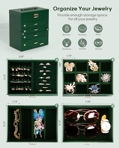 Homde Synthetic Leather Huge Jewelry Box Mirrored Watch Organizer Necklace Ring Earring Storage Lockable Gift Case (Forest Green + Gold) - color: Forest Green + Gold