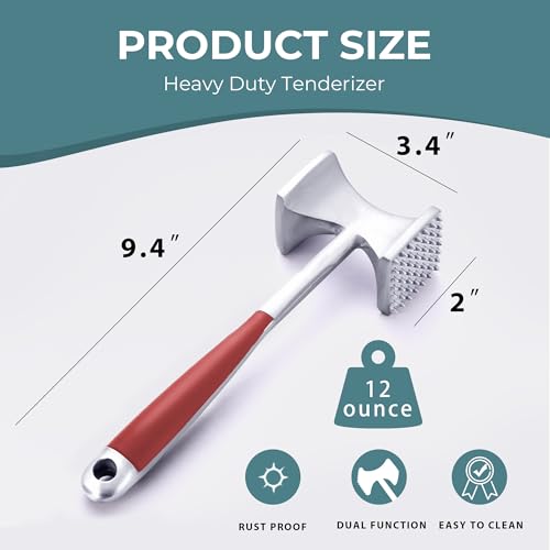 KITEXPERT Meat Tenderizer Hammer with Comfortable-Grip Handle, Dual-side Mallet for Kitchen, Heavy Duty Pounder For Tenderizing Steak, Beef and Fish, Red - color: Red
