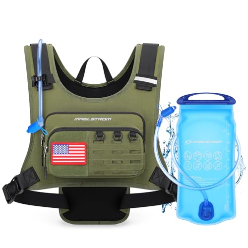 Maelstrom Hydration Running Vest with 2L Water Bladder for Men Women | Chest Pack, BPA-free, High Flow Bite, Reflective Stripe, Detachable, Breathable Pad, Perfect for Cycling, Marathon, Hiking - color: Army Green