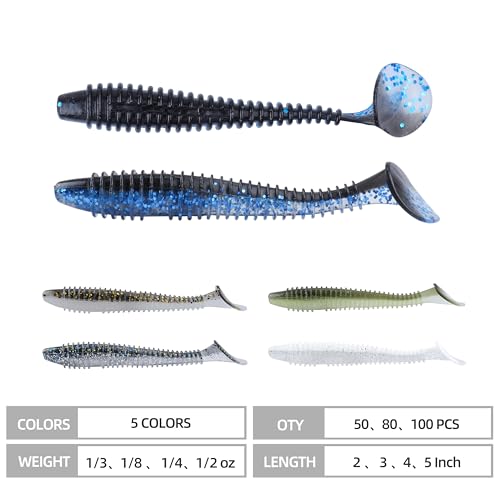 Paddle Tail Swimbaits 100/80/50PCS, 5/4/3/2 inch Soft Fishing Lures Bulk Pack – Durable Lifelike Action Lures for Bass, Trout, Crappie – Freshwater & Saltwater Fishing Gifts - color: Blue-Black, size: 3in, 100pcs