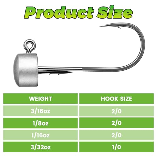 Frienda 50 Pcs Ned Rig Hook 2/0 Rig Hooks Finesse Mushroom Jig Hooks Kit for Bass Fishing Saltwater Freshwater Versatility Hook - size: 1/8 oz