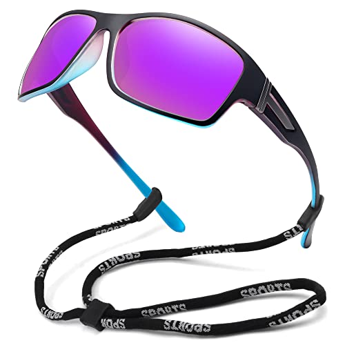 STORYCOAST Polarized Sports Sunglasses for Men Women Unbreakable Frame Cycling Fishing Driving - color: Blue Frame-purple Mirror Lens