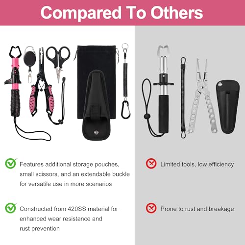 Fishing Gear Set for Women, 6PCS Fishing Accessories Tool Kit with Fish Lip Gripper & Pliers, Ice Pink Fishing Gear for Freshwater Saltwater, Gift for Fishermen,Gripper Fishing Gifts for Men