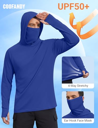 COOFANDY Mens UPF 50+ Sun Protection Hoodie with Mask Lightweight Long Sleeve SPF Fishing Shirts UV Hiking Running Rash Guard - color: Royal Blue, size: Small