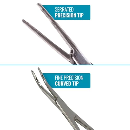MABIS Precision Kelly Forceps [5‑Pack] Locking Hemostats, 3 Curved & 2 Straight, 5 1/2 Inch Tweezers Clamp Set, Stainless Steel, Fine Tip for First Aid, Sewing, Piercing Removal Tool, Fishing & DIY - size: Pack of 5, style: Combo Pack