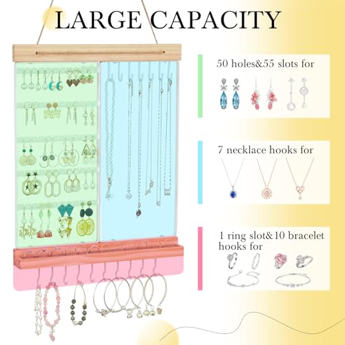Feyejade Hanging Jewelry Organizer and Storage, 5-Tier White Earring Necklace Holder Jewelry Display Organizer Stand Rack, Wall Mounted for Earrings Necklaces Bracelets and Rings, White - color: White, size: Standard