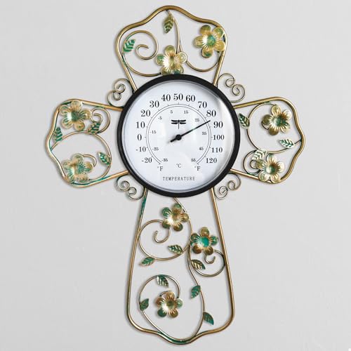 Wall Thermometer Indoor Home with Cross and Floral Design - Metal Prayer Room Decor for Christian, Green Flower Wall Thermometer for Living Room, Bedroom - Accurate Temperature Gauge - color: A-Christian Cross