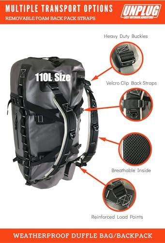 UNPLUG Ultimate Adventure | 1680D Heavy Duty Waterproof Bag | Large Travel Bag which can be Used for Camping, Motorcycling, Boating, or Hunting|110L Storm Grey - color: Storm Grey, size: 110L