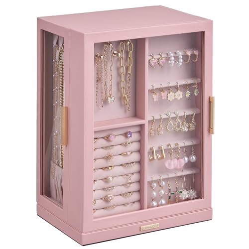 Glimmloop 360° Rotating Jewelry Box with 7 Drawers, Spacious Vertical Jewelry Organizer with Glass Window, Jewelry Storage Case, Dustproof & Moisture-resistant Design, Pink - color: Pink, size: 7 Drawers (6.2"D x 9.2"W x 12.7"H)