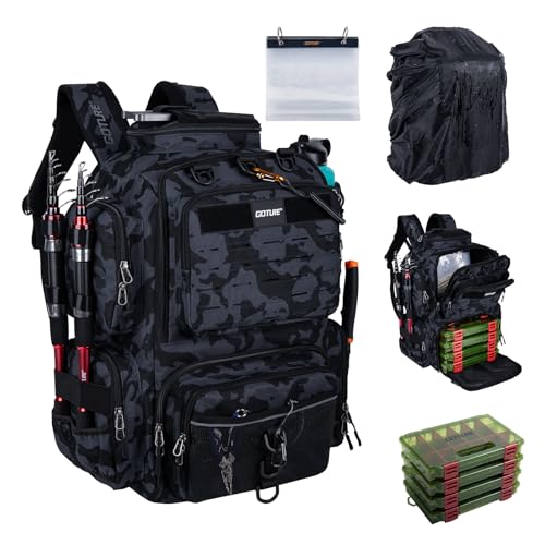 Goture Fishing Backpack with 4 Tackle Boxes,900D Water-Resistant Tackle Backpack with Rod Holders,SBS Zippers,45L Large Tackle Storage Gear Bag with Rain Cover,Bottle Holder for Travel Camping Hiking - color: A1:60# Camo, size: Include 4 Tackle Boxes