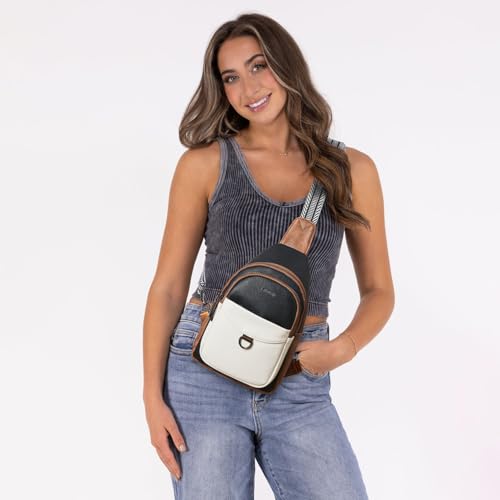 LATMAP 7L Sling Bag for Women Men Crossbody Belt Bag Small Travel Sling Backpack Anti Theft Chest Daypack Purse Faux Leather - color: Black and Beige With Brown