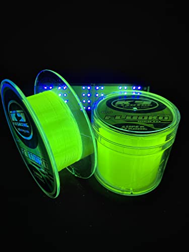 K9 Hi-Vis Original Fluoro Fishing Line, Chartreuse Fluorocarbon Blend, Reacts Under UV Blacklight, Night Fishing & Line Watching, 550 Yd, 8 lb