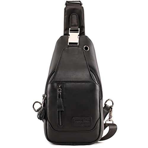 Hebetag Leather Sling Bag Hiking Daypack for Men Women Outdoor Travel Camping Fishing Crossbody Shoulder Chest Pack Daypack Small Black - color: #05black
